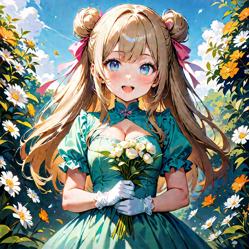 20 years old,1 girl,hyperrealistic, 8k, (extremely detailed 8k), (very delicate and beautiful), (masterpiece), (better quality:1.0), (ultra high resolution:1.0), (masterpiece, best quality), cute,blonde,cleavage cutout,(broen dress:1.3),(crop top navel:1),gleaming skin,twintails,twin bun,a pink ribbon on the head,long hair,pastel green frill Chinese-made dress,white long gloves,hold a bouquet of flowers,face and body straight at the camera,a bunch of flowers,POV,bust shot,white frill,puffy sleeves,surrounded by flowers,laugh with open mouth,tareme,sky blue eyes