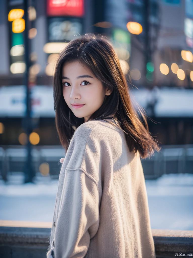 Photorealsitic, 8k full-length portraits, Beautuful Women, A charming expression, sixteen years old, TOKYOcty, Winters, Shibuya in the background