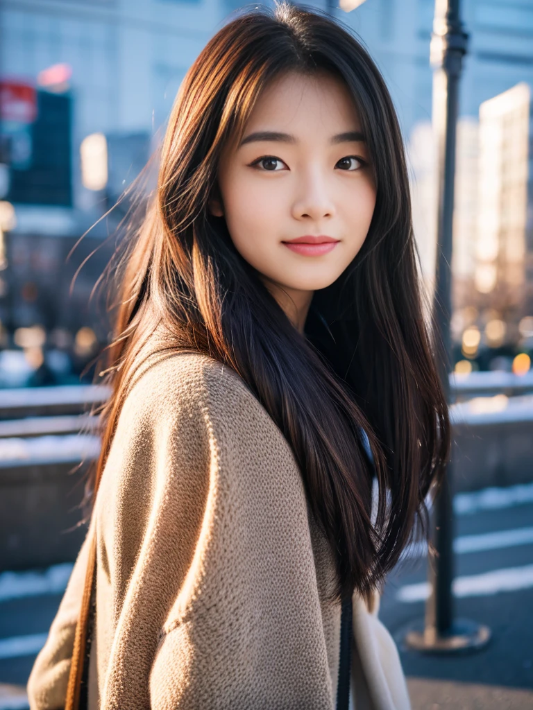 Photorealsitic, 8k full-length portraits, Beautuful Women, A charming expression, sixteen years old, TOKYOcty, Winters, Shibuya in the background
