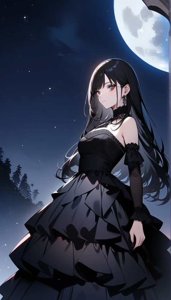 masterpiece, best quality, illustration, 1girl, Gothic dress, long hair, black hair, makeup, night sky, stars, moon, moonlight,