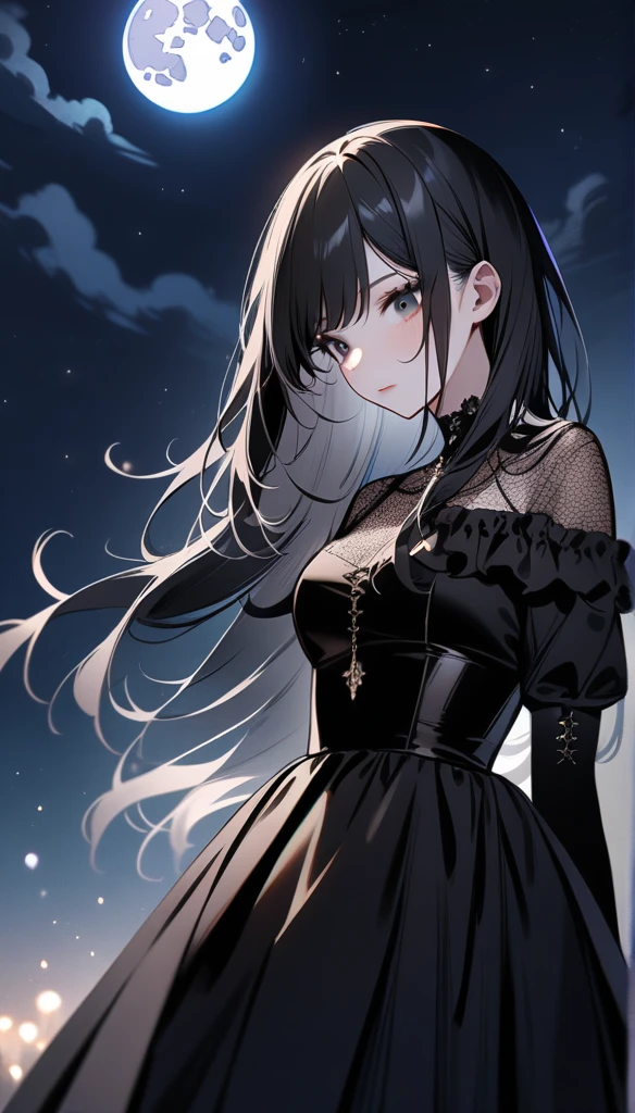 masterpiece, best quality, illustration, 1girl, Gothic dress, long hair, black hair, makeup, night sky, stars, moon, moonlight,