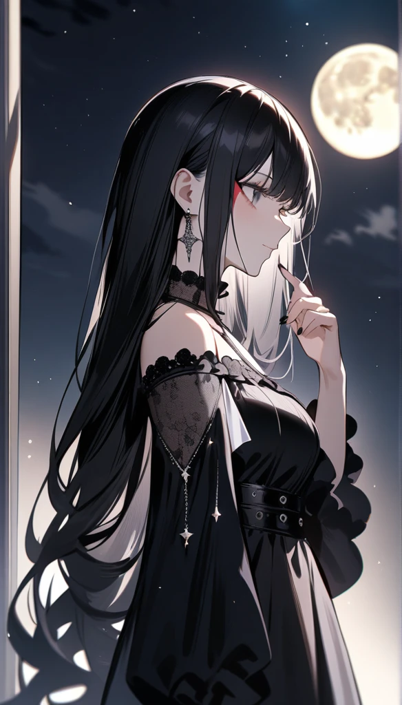masterpiece, best quality, illustration, 1girl, Gothic dress, long hair, black hair, makeup, night sky, stars, moon, moonlight,