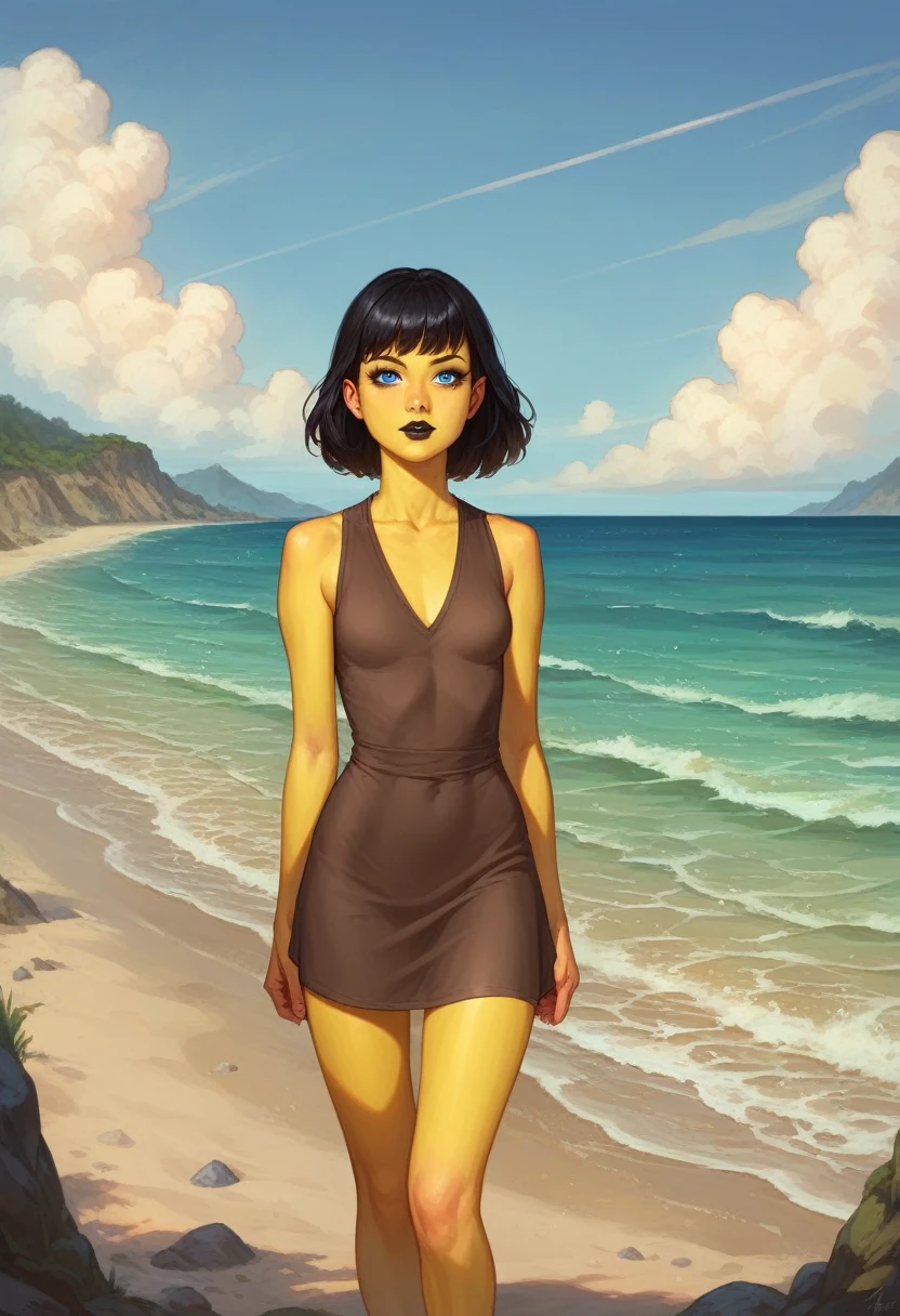 The Simpson Style, Female character, (yellow skin:1.2), detailed eyes, outdoors, ocean, sand, sun, closeup photo, black eyes, thick, small breasts, standing
Black hair with bangs, pale skin, large round blue eyes, black eyeliner, black lipstick, neutral expression, brown sleeveless dress ,tétons