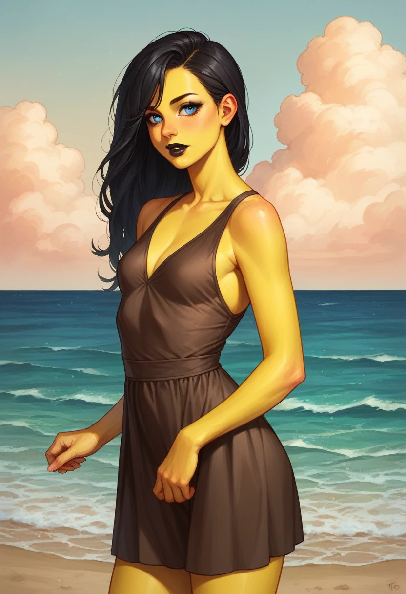 The Simpson Style, Female character, (yellow skin:1.2), detailed eyes, outdoors, ocean, sand, sun, closeup photo, black eyes, thick, small breasts, standing
 Black hair with bangs, pale skin, large round blue eyes, black eyeliner, black lipstick, neutral expression, brown sleeveless dress ,tétons 