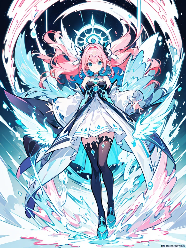 4K, resolution,better quality,artwork,stem,perfect light, perfect lighting, anthropo,shields,perfect colors, perfect body(illustration:1.3)(ultra detailed:1.3)(tiro imid:0.9)fantasy world girl with colorful hair,1 girl, accessories, detailed clothes, black tights, white and red clothes, pink hair, blue eyes 💙🩵💜🩷🖤✨🦋🪻🪷