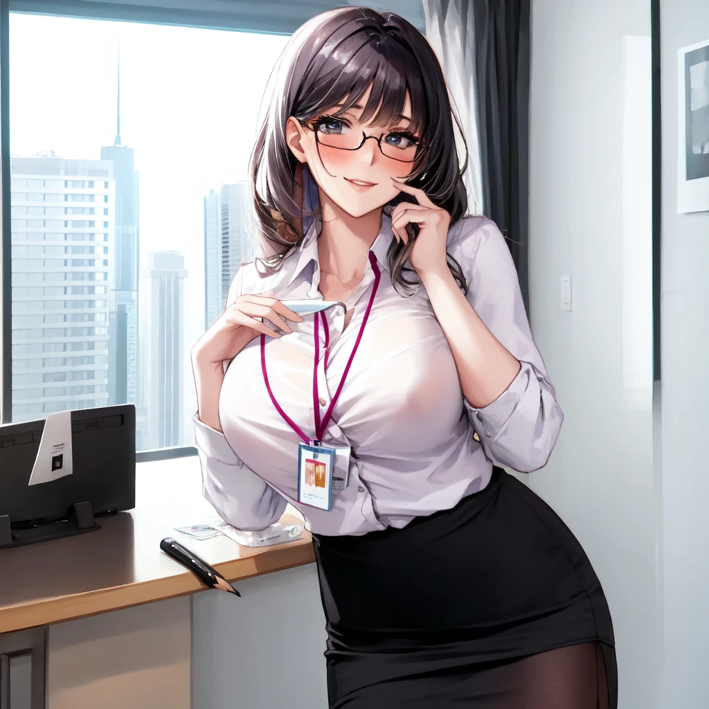 Best_QualityPos, RAW photo, intricate details, best quality, 8k uhd, soft lighting, 1girl,  1lady standing, /(casual shirt/) (pencil skirt:1.1) /(id card lanyard/), (mature female) bangs, blush kind smile, (masterpiece best quality:1.2) delicate illustration ultra-detailed, large breast BREAK /(modern office indoors/), window skyscraper, look at viewer, glasses