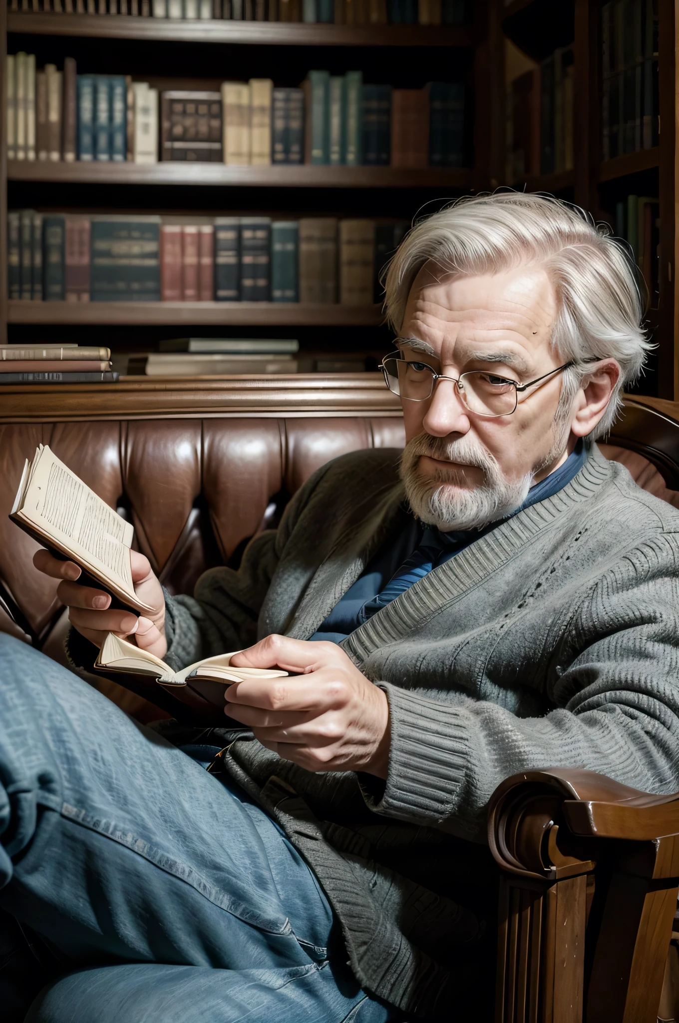 create an image of a 60 year old man sitting in an antique armchair reading a book inside a personal library