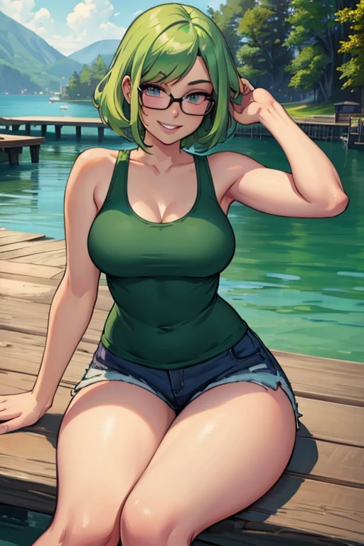 A light green haired woman with violet eyes and an hourglass figure and a pair of glasses in a cute tank top and shorts is sitting on the dock with a big smile.
