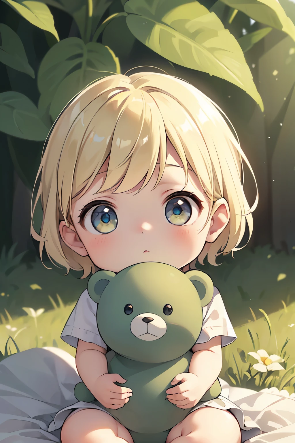 (high-quality, breathtaking),(expressive eyes, perfect face) portrait, Symmetrical Eyes, 1girl, female , solo, 3 month old, blonde hair, green coloured eyes, short hair, short hair length, baby face, sitting on a blanket, backyard background, stuffed bear toy, beautiful grass, garden