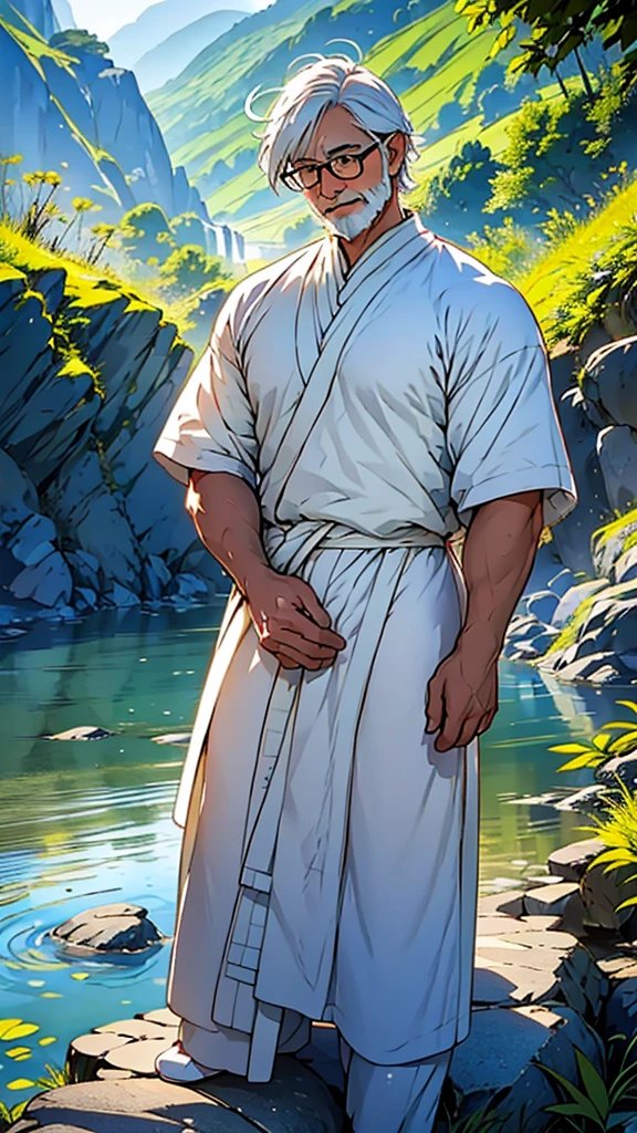 Create a high-quality anime-style image featuring an elderly man standing on a rocky cliff by the sea. The man has white hair, a beard, and is wearing round glasses. He is dressed in a white shirt, beige pants rolled up at the ankles, and white sneakers. His posture is relaxed, with his hands in his pockets, gazing thoughtfully into the distance.
The background consists of a clear blue sky filled with fluffy, white clouds. Below the cliff, there is a calm sea with boats and a small coastal village nestled at the foot of green, mountainous terrain. The scene captures a peaceful, reflective moment, with vibrant colors and detailed shading to emphasize the tranquil and contemplative atmosphere.