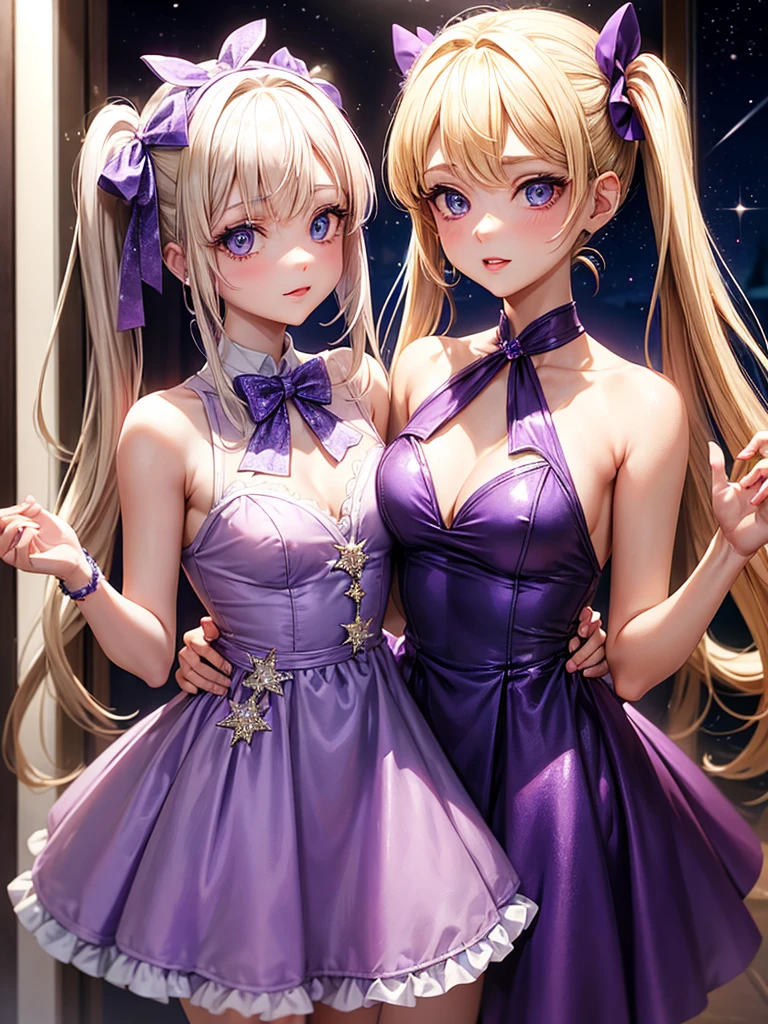 an adult woman, blonde with two pigtails with a purple bow each, purple dress with sparkles and diamonds, short and gala, with an opening in its pirrna, she has blue eyes, is at a late night dinner in a wealthy place