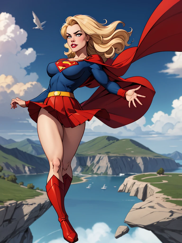 Young female, with blonde hair, wearing a tight blue long-sleeved shirt with the Superman symbol on the chest, defined breasts, wearing a red skirt and red boots, Wearing a red cape and flying in the sky
