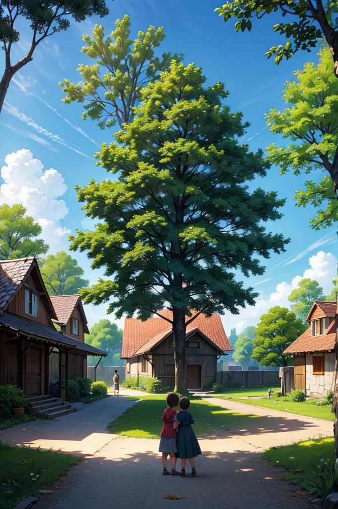 An image of the tree, continuing to flourish, providing shade and fruit to the villagers, with a peaceful village setting and children playing under it. (masterpiece, hd, best quality, 2d