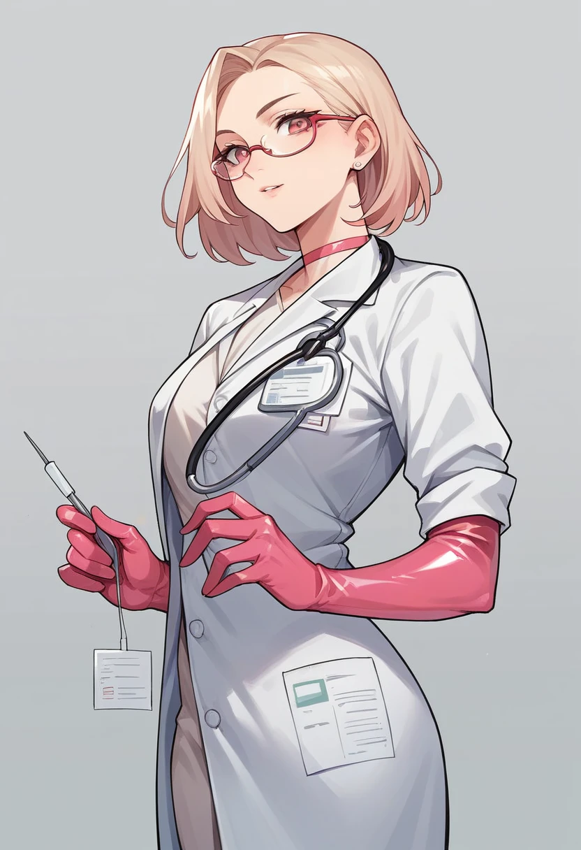 1girl, light hair, ((pink elbow gloves)), ((surgical gloves)), ((latex gloves)), ((long sleeves)) ((pink surgeon outfit)), looking at viewer, ((doctor)), standing, solo