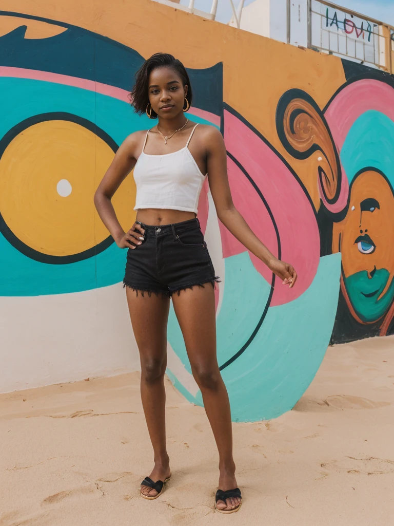 her name is Jamila, high quality, 1girl, ((20-year-old fit black woman)), ((25 years old)), ((slim)), short bob, pose: standing, wearing stylish fashionable Generation-Z modern wear different colored, BACKGROUND: outside: At Bondi Beach, against a backdrop of vibrant beach art, and cafes buzz.