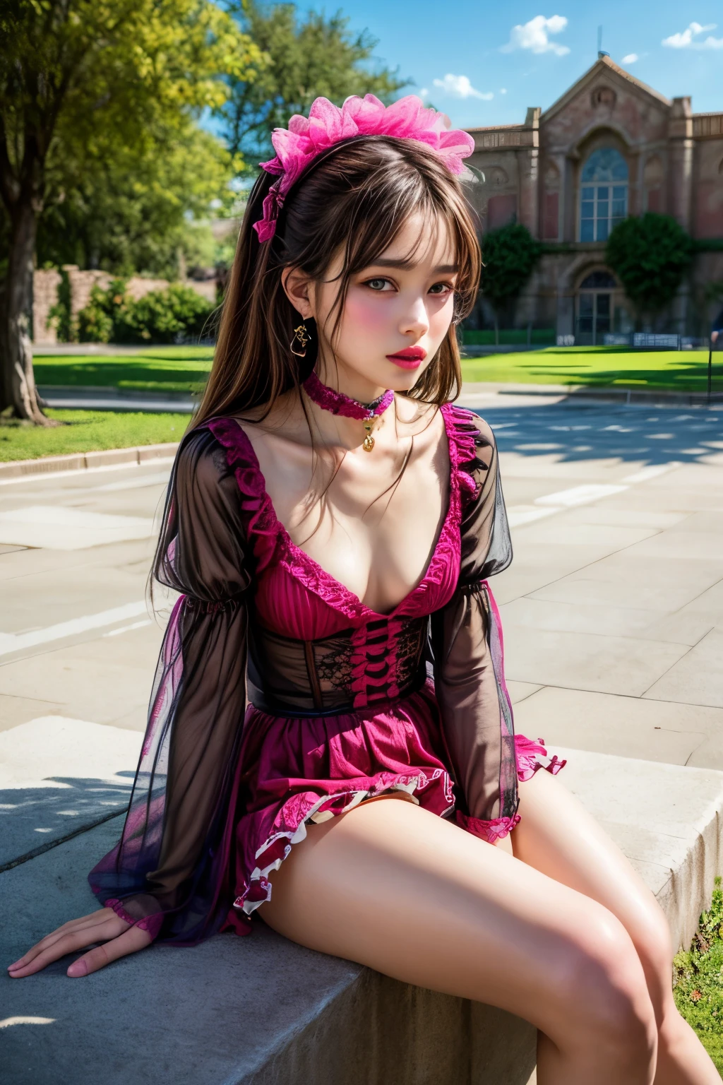 (nsfw:-2.0), (realistic, photo-realistic:1.4), (best quality,masterpiece:1.2), RAW photo, high resolution, intricate details, extremely detailed, realistic and sharp details, cinematic lighting, (portrait, frontal photography), solo, 1girl, a Japanese female idol, (doll-like appearance), (sexy Paradise Kiss cosplay), (smaller breasts, flat chest:1.2), dark hair, detailed face, detailed eyes, sophisticated nose, (neon pink clothes), bell-shaped skirt, petticoats, high neckline, puffed sleeves, detailed lace, detailed embroidery, Paradise Kiss accessories and matching headpiece, choker, large sparkling Paradise Kiss jewelry, shiny victorian-style boots, photo background, outdoors, (city ruins, ruins, concrete), nature, overgrown,