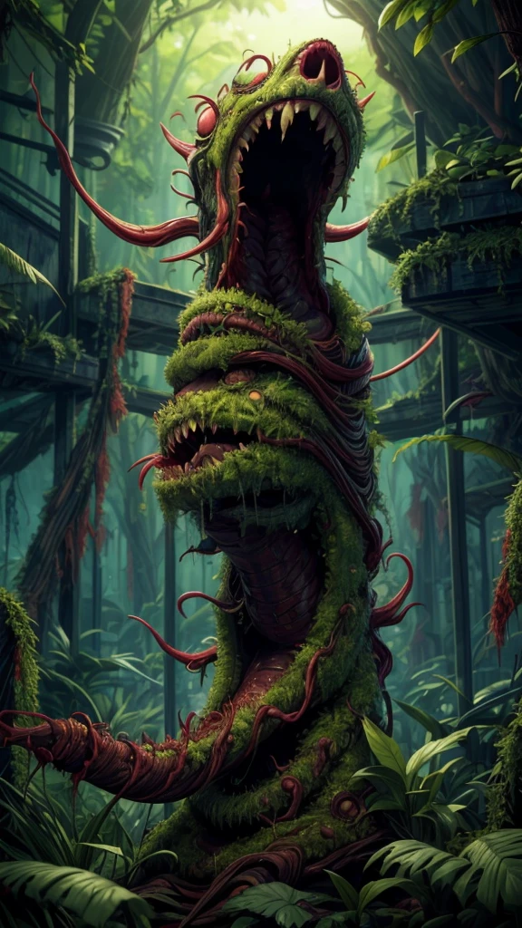 Zombie Hordes、A carnivorous mutant plant that attacks zombies、植物とゾンビのApocalypticな戦い、突然変異した植物とゾンビがいるSurrealな風景、A plant with long tentacles that captures and eats zombies、A strange hybrid plant/creature hybrid that fights zombies (Highest quality、4K、8K、High resolution、masterpiece:1.2)、Super detailed、(Realistic、フォトRealistic、フォトRealistic:1.37)、Horror、Apocalyptic、Surreal、Dark fantasy