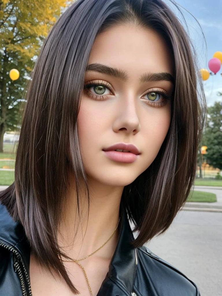 Beautiful 18-year-old girl, named Sofia, beautiful golden eyes, large detailed eyes, MID-HEIGHT bob long haircut, pink lips, sexy, detailed face, black jacket, in the background a park and a Russian roulette with balloons.