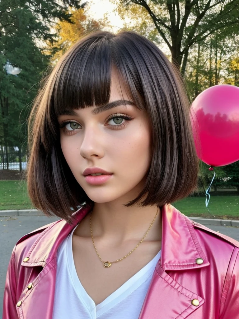 Beautiful 18-year-old girl, named Sofia, beautiful golden eyes, large detailed eyes, MID-HEIGHT bob long haircut, pink lips, sexy, detailed face, black jacket, in the background a park and a Russian roulette with balloons.