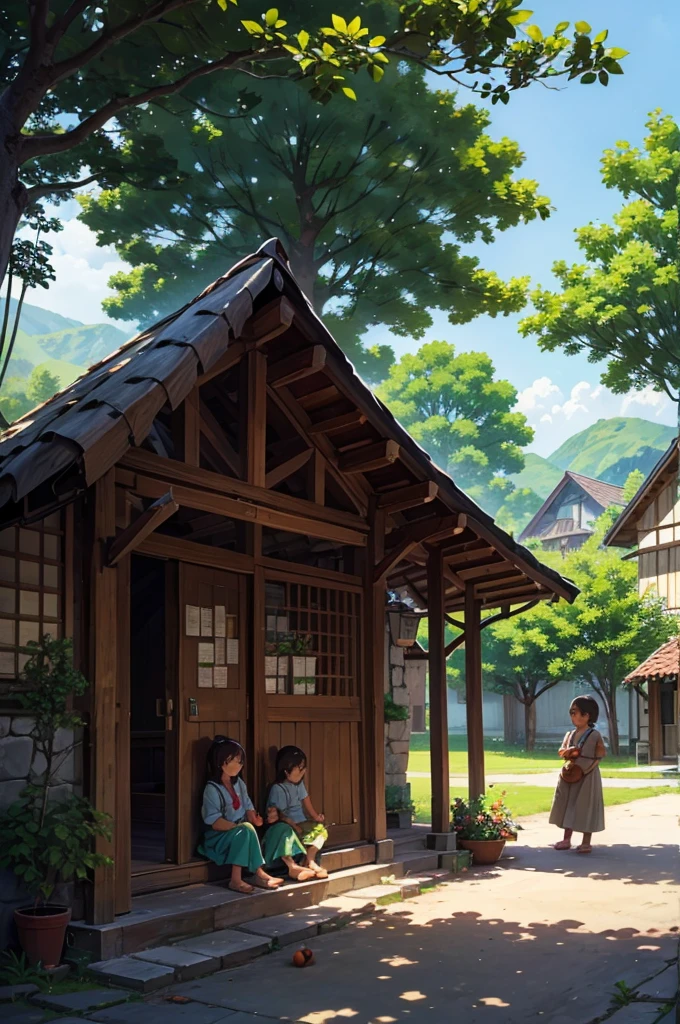 An image of the tree, continuing to flourish, providing shade and fruit to the villagers, with a peaceful village setting and children playing under it. (masterpiece, hd, best quality, 2d