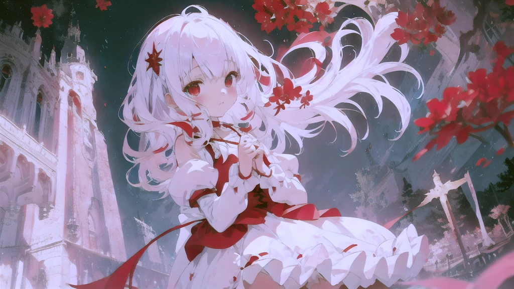 beautiful illustration, best quality, cute petit girl, (transform sequence), transform magical girl, chibi, white magical girl, fractal art, albino, babyface, long pure white and red mesh hair, beautiful detailed red eyes, cinematic lighting, cowboy shot, looking at viewer, from bottom, happy