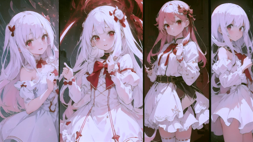 beautiful illustration, best quality, cute petit girl, (transform sequence), transform magical girl, chibi, white magical girl, fractal art, albino, babyface, long pure white and red mesh hair, beautiful detailed red eyes, cinematic lighting, cowboy shot, looking at viewer, from bottom, happy