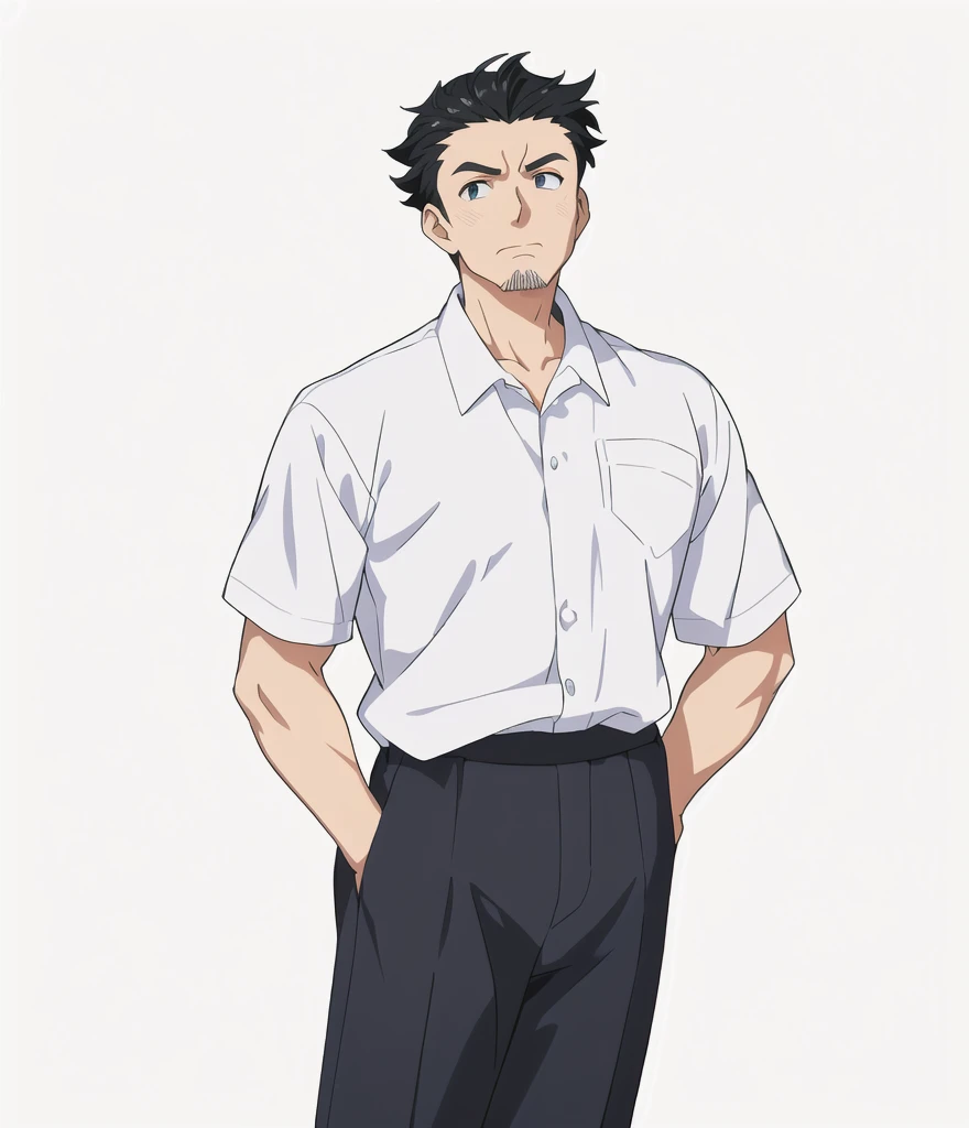 Highest quality, high resolution, High quality anime art style, Official Art, Smooth anime CG art, Stylized anime, Visual Novel Sprites, White background, whole body, Anime-style 3D, Smooth anime CG art, Humanoid middle-aged man, criminal, A man wearing a white shirt and grey trousers, Tough-faced man, Deeply carved face, Long face, Black Hair, Crew cut, Slanted Eyes, Slightly open eyes, Muscular, 50 years old,