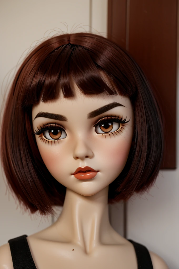 blythe doll black hair with red bangs eyebrow piercing brown eyes and eyeliner 