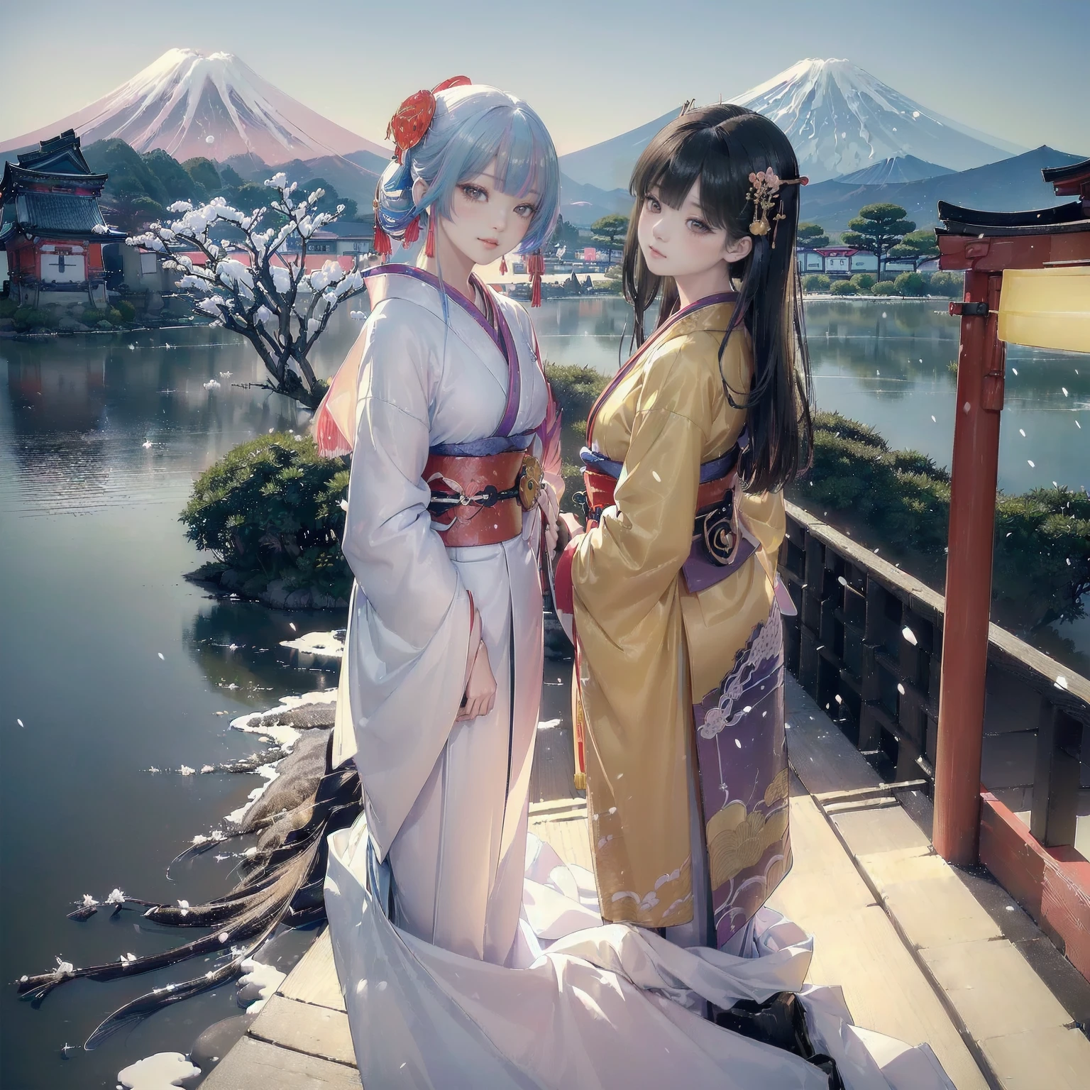 (The image shows only the upper part of the kimono above the obi
:1.7), 

((8K, RAW Photos, Highest quality, masterpiece), High-resolution RAW color photos、

Professional close-up photography, (Realistic, フォトrealism: 1.37), 

(Highest quality), (Best Shadow), (Best illustrations),

High-quality images、Skin Radiance、Texture of skin and clothing、

Expression of fine eyes、Shiny Hair,Long Hair Girl, Manga inspired by Lee Jong-suk, 

Trending on deviantart, realism, detailed manga style, Manga art style,

Perfect Line Drawing, Beautiful line art, digital manga art girl, K-POPアイドル, dress,

 Beautiful brown eyes, Fuller lips, Gorgeous face with attention to detail, 

(Cute Smile), attractive, Innocent, (Perfectly detailed face), 

(Detailed and carefully drawn hand) Photorealistic images, Written boundary depth, 

Japanese style princess cut hairstyle, 

best quality, masterpiece, New Year, 

((Kimono with strikingly beautiful colorful colors:1.7)), 

Three Japanese high-school cute girls, ((looking straight)), 

gently smiling, 

((upper arms hidden by clothes and hair)),

(innocent and pure high-school-girls:1.7)

((white short scarf)), ((white feather shawl)), 

(separately side by side:1.4), 

shrine background, (mount Fuji:1.3), ((snow))

winter(season), (outdoors:1.5)