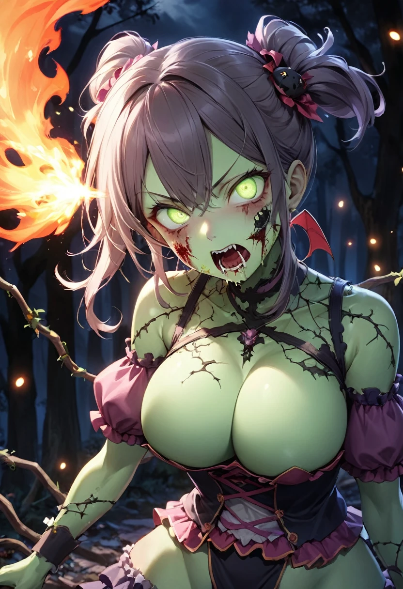 Highest quality, Super quality, 16K, Incredibly absurd, Very detailed, 2.5D, delicate and dynamic, Dark Forest, spooky night, Small faint lights and flying fireflies, night, lightning, bat, Poisonous spiders, , Small face, Extremely delicate facial expression, Delicate eye depiction, Upper body close-up, erotic,, sole beautiful sexy zombie lady, healthy shaped body, 22 years old lady, zombie, 170cm tall, big firm bouncing busts, 中国風zombie, 複雑な構造のzombieの衣装, Bloody Face, anger, fight, Thick vines wrap around the whole body, Flame throwing from the mouth, Throwing flames at trees