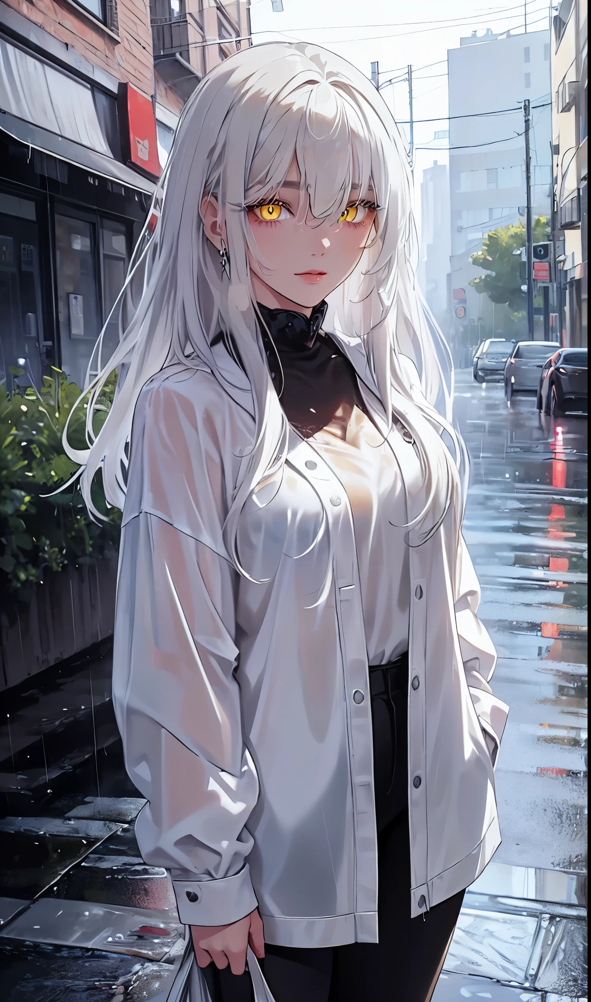 1girl, full body, solo,lips, female focus, yellow eyes, looking at viewer, white hair, long hair, closed mouth, smile, casual clothes, rainy day, wet clothes, street on the background