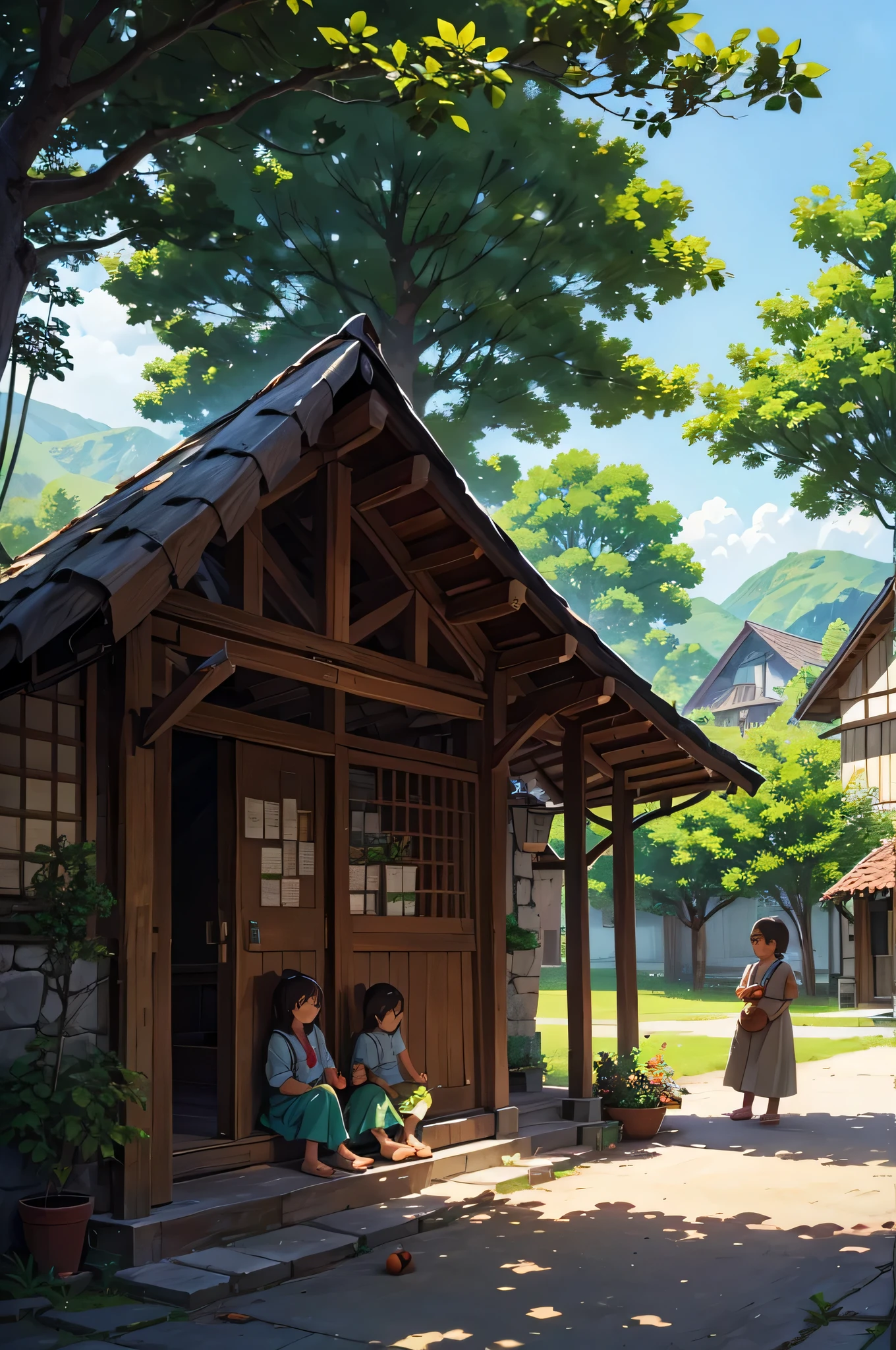 An image of the tree, continuing to flourish, providing shade and fruit to the villagers, with a peaceful village setting and children playing under it. (masterpiece, hd, best quality, 2d