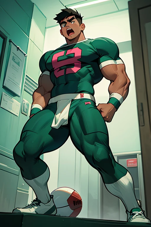 Danny Phantom, ghost, hypnosis, jock, conversion, locker room hallway, hyper muscles, jockstrap, bro, meathead, hypnotized, brainwashed, brainwashing, big dumb jock, football. Danny Fenton is hypnotized by Dash to become another dumb football jock bro. Glowing green eyes. Hyper crotch bulge. Massive bulging crotch. Big balls. Big biceps. Big triceps. Big traps. Broad shoulders. Big meaty pecs. Big thighs. Thick glutes. Football team assimilation. Black hair. Deep dull voice. glazed expression. dumber and dumber. Open mouth. Clothes turning into a football uniform. Forgetting.