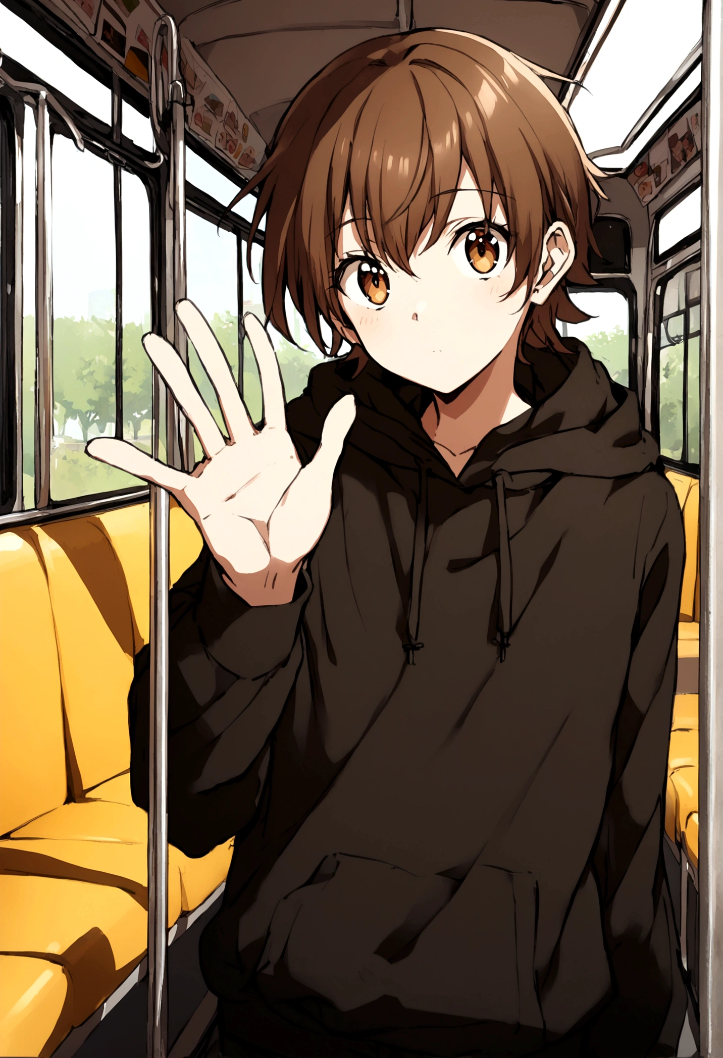 1boy, black hoodie, black pants, brown hair, waving a viewer, standing inside of a bus