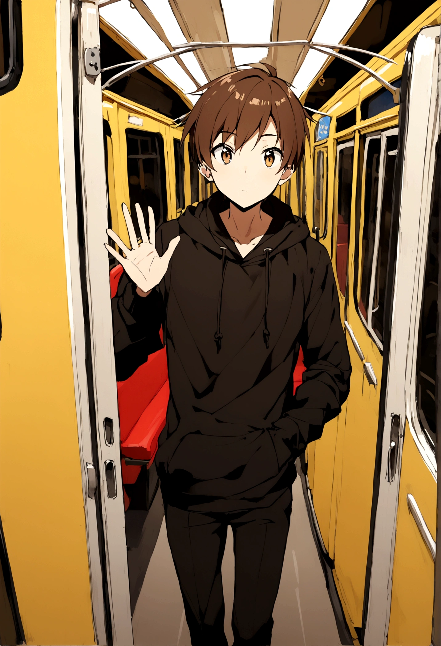 1boy, black hoodie, black pants, brown hair, waving a viewer, standing inside of a bus