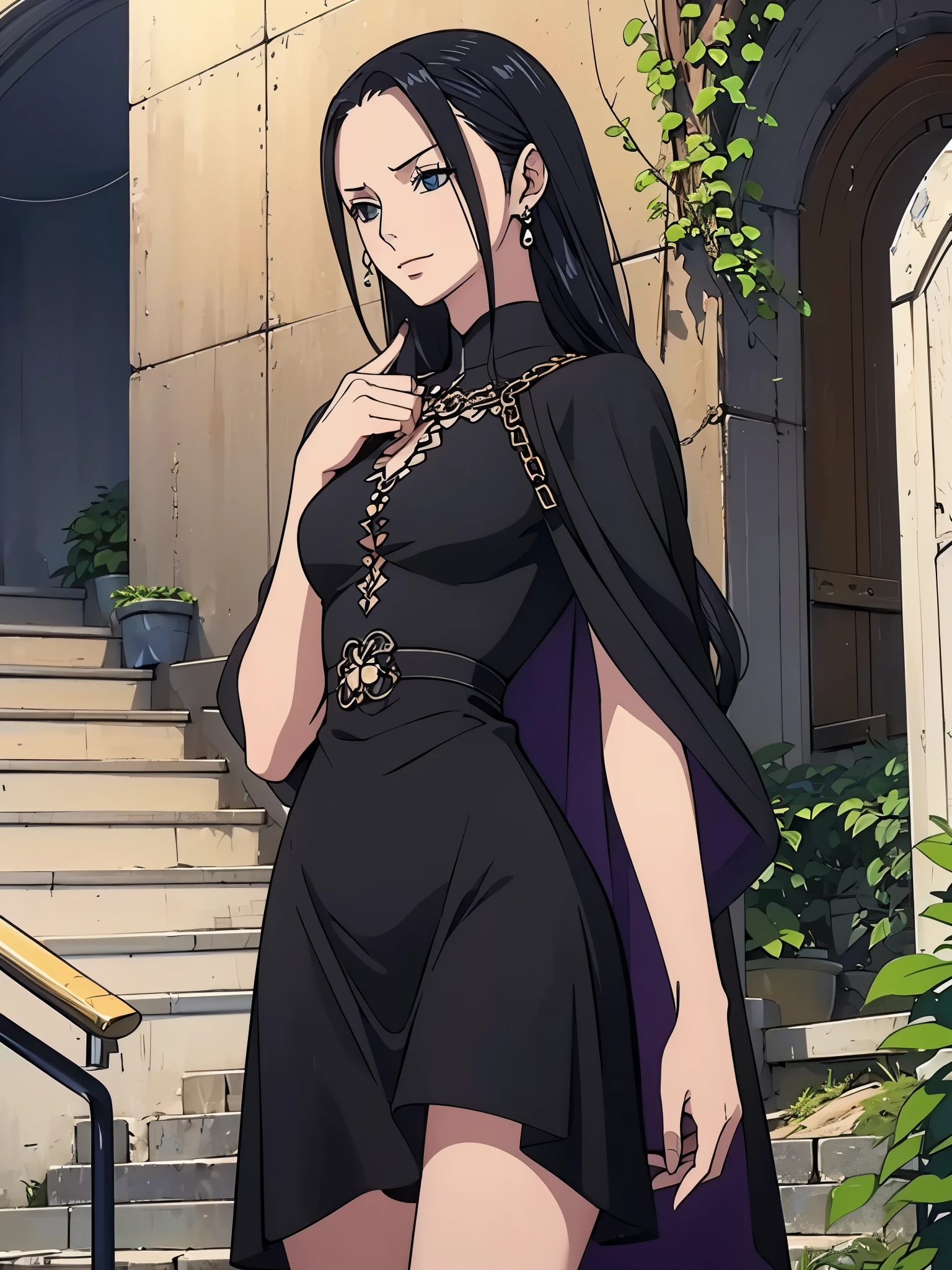 Best quality, 4k, high resolution, body stuck dress, perfect smile, gorgeous, light skin, (ichigo),black hair, wearing bodystuck long dress, clothes are stuck in body, bodyfit outfit,1 girl, solo, seductive look, elegance and charm, (masterpiece, best quality, high resolution), looking at the viewer, standing, (intricate and beautiful:1.2), (detailed light:1.2), (soft light, side light), (high resolution textures) , holding leash in hand(chain leash), outdoor, Burmese girl,wearing bodcorn dress(black colour) with purple line ,wearing gorgeous jewelary, wearing harness over the outfit ,outdoor background, sun light, attractive, sexy, mature and hot, young,(masterpiece:1.3), (disorganized:1.3), (highest quality:1.3), perfect anatomy, detailed face, front view, perfect right hands, looking at viewer, (Super detailed:1.3), (best shadow:0.7), (treated hair), fine eyes, beautiful eyes, young aged woman, alone, standing, crystal earrings,closed_mouth, , outdoors,Thick thighs, arrogant face, small 