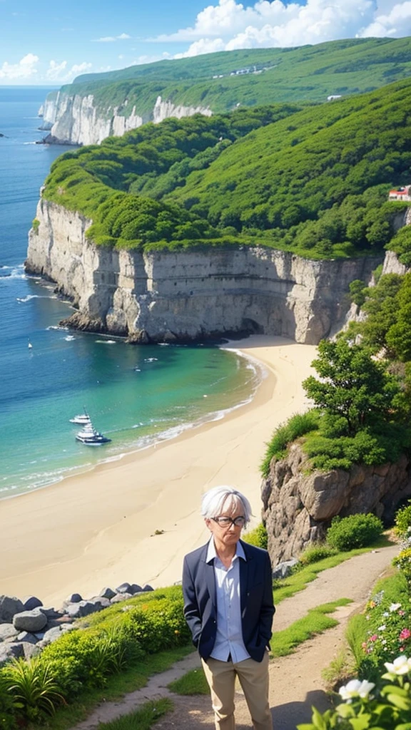 Create a high-quality anime-style image featuring an elderly man standing on a rocky cliff by the sea. The man has white hair, a beard, and is wearing round glasses. He is dressed in a white shirt, beige pants rolled up at the ankles, and white sneakers. His posture is relaxed, with his hands in his pockets, gazing thoughtfully into the distance.
The background consists of a clear blue sky filled with fluffy, white clouds. Below the cliff, there is a calm sea with boats and a small coastal village nestled at the foot of green, mountainous terrain. The scene captures a peaceful, reflective moment, with vibrant colors and detailed shading to emphasize the tranquil and contemplative atmosphere.