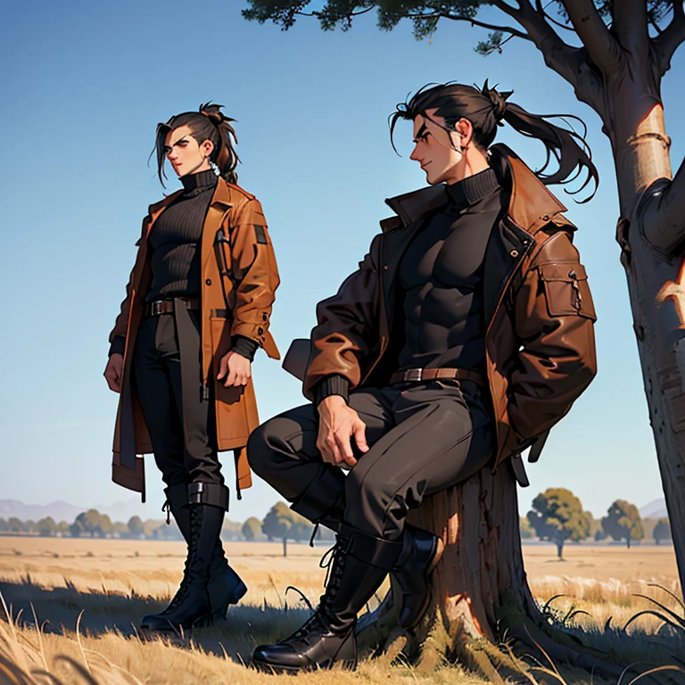 (detailed), (((normal guy))), (arab features), ((brown sheepskin jacket)), ((pelo con rulos negro ponytail hairstyle)), (calm face), ((ponytail hairstyle)), ((tall black boots)), (((whole body))), ((in the middle of a field leaning on a tree), ((male)), (black turtleneck sweater)