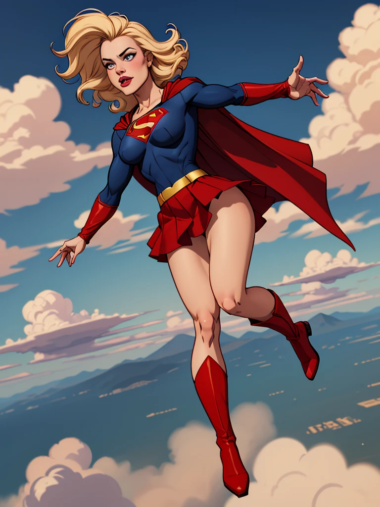 Young female, with blonde hair, wearing a tight blue long-sleeved shirt with the Superman symbol on the chest, defined breasts, wearing a red skirt and red boots, Wearing a red cape and flying in the sky