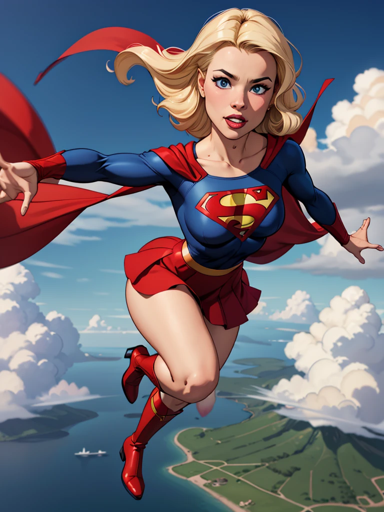 Young female, with blonde hair, wearing a tight blue long-sleeved shirt with the Superman symbol on the chest, defined breasts, wearing a red skirt and red boots, Wearing a red cape and flying in the sky