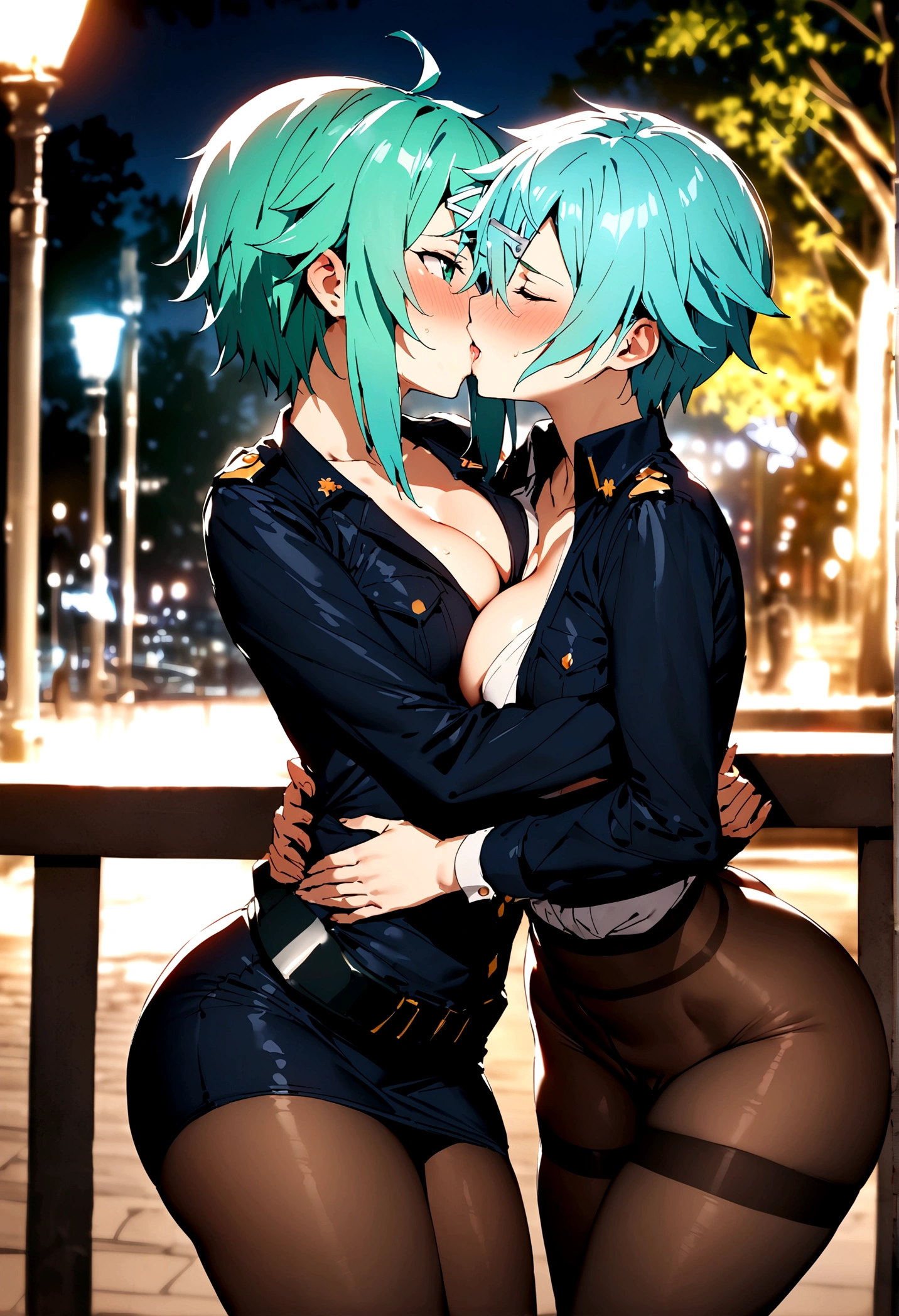 NSFW,masterpiece,Highest quality,High resolution,Super detailed,Sinon\(Sword Art Online\),Police Officer,policewoman,mini skirt,pantyhose,Embarrassed,Estrus,Lust,blush,(Scary face man),A man puts his hands on her waist and hugs her,(Having sex),Insert,Creampie,Night Park,Unpopular place,Cleavage,to kiss