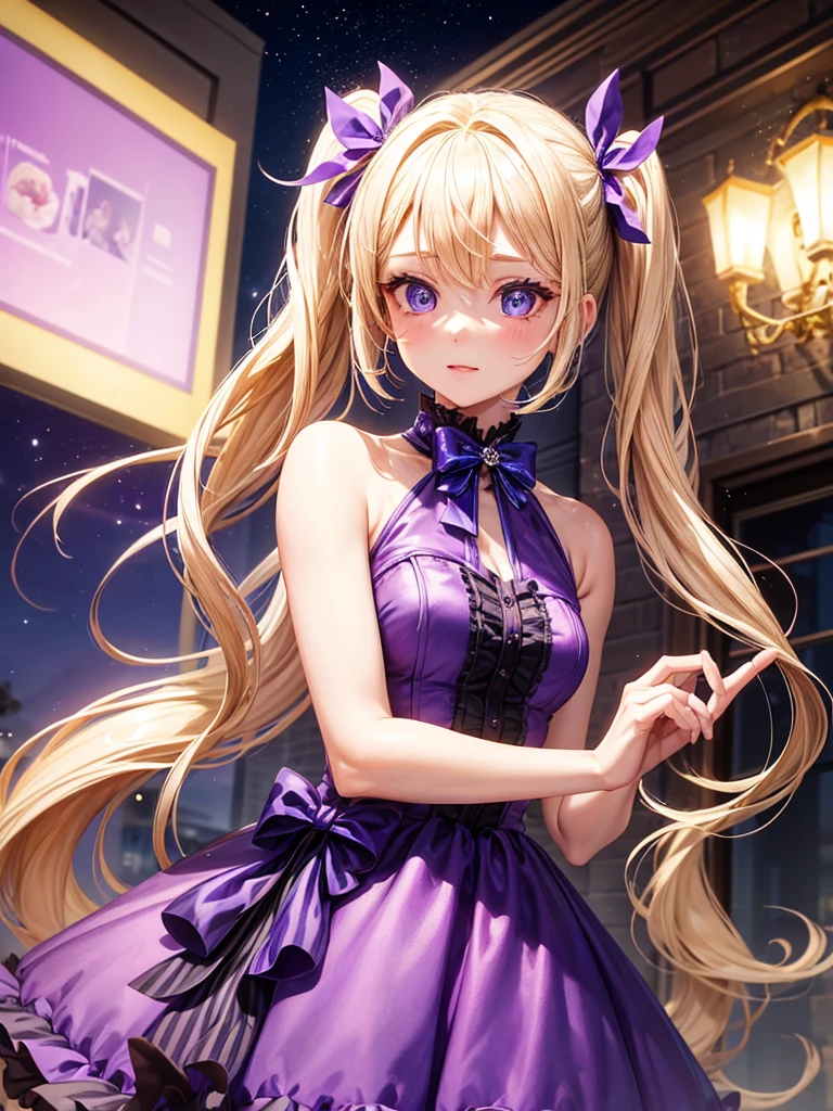 an adult woman, blonde with two pigtails with a purple bow each, purple dress with sparkles and diamonds, short and gala, with an opening in its pirrna, she has blue eyes, is at a late night dinner in a wealthy place