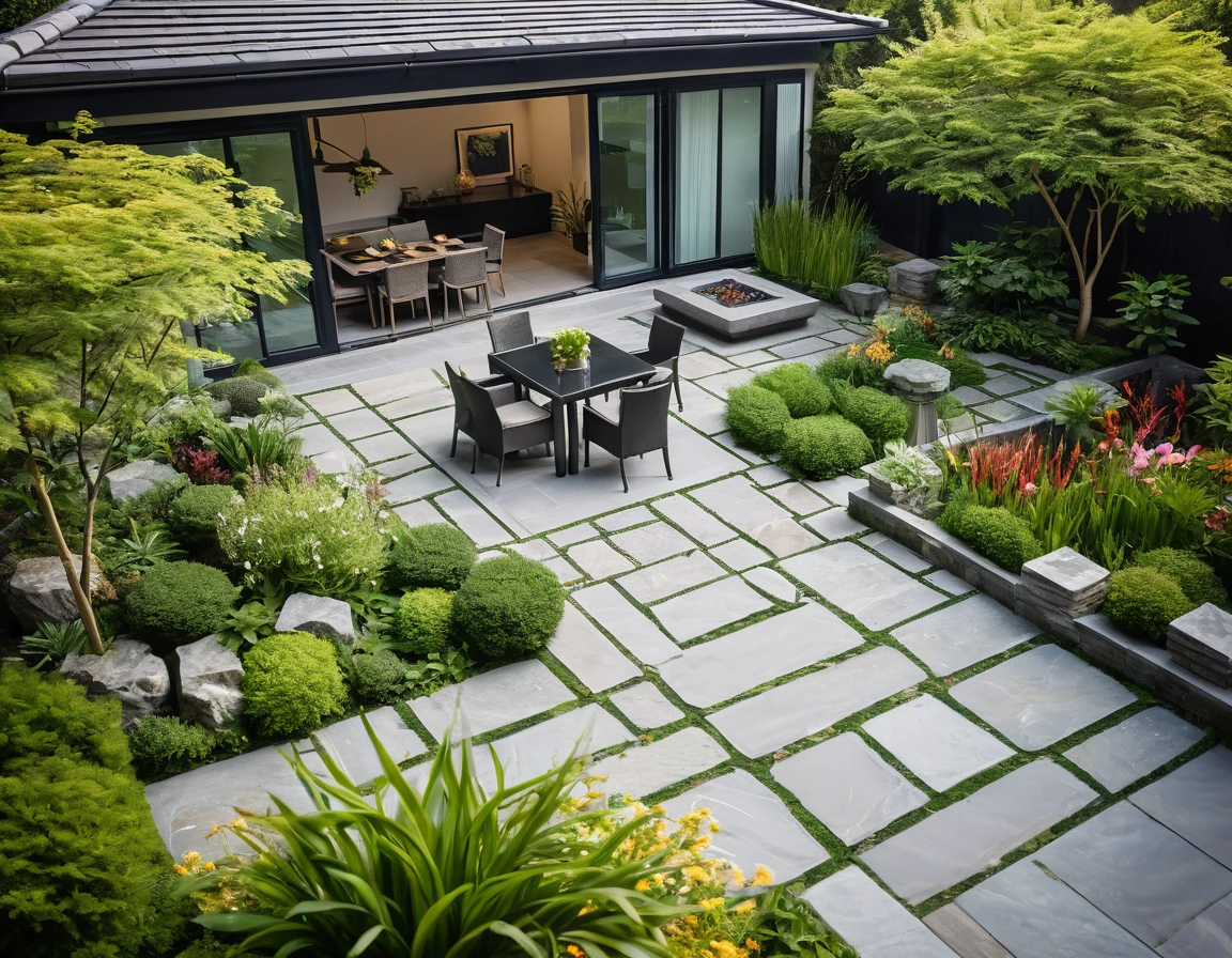 An aerial view of a beautifully designed modern European garden with a hint of Asian influence, featuring a sleek gazebo with a contemporary roof design, surrounded by lush greenery and vibrant flowers. Shot with a high-quality DSLR camera, the smooth stone path leads to a spacious BBQ area with a stylish grill and modern outdoor dining furniture. The gazebo is elegantly furnished with minimalist chairs and a table. Small, clear ponds with Asian-inspired plants add tranquility to the setting. Soft, ambient lighting enhances the cozy atmosphere. Shallow depth of field, focused foreground, bokeh background. ((8k)), high quality detail, harmonious and inviting garden.
