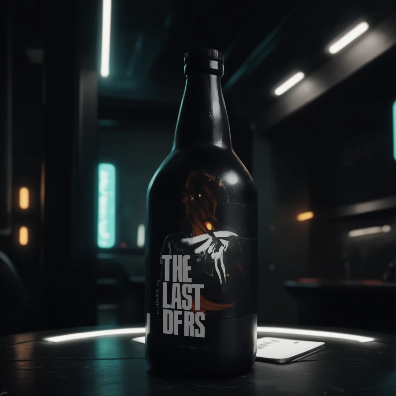 One bottle in the picture.A bottle of cyber beer presented in cyberpunk style, with characteristic elements: smooth, matte coating, decorated with bright neon luminous inserts. Design includes digital pixel patterns and abstract graphic elements, creating the effect of digital disruption and the future of the technological world. The main color of the bottle is deep purple, red, orange or green. This combination gives the product a unique cyberpunk style and modern look..