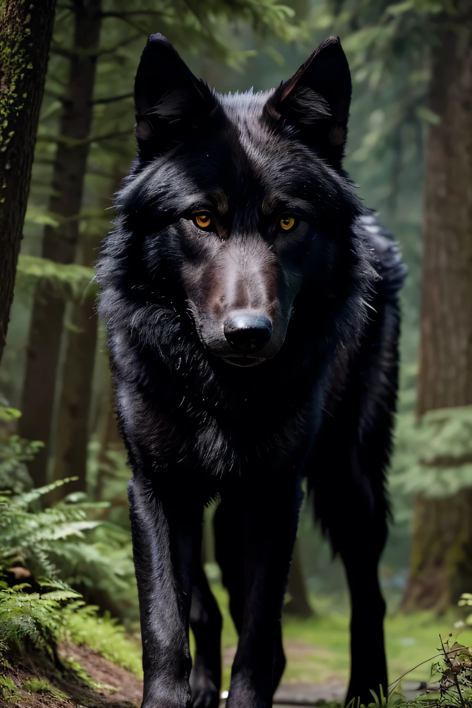 a giant black wolf in a forest, looking at the camera, photorealistic