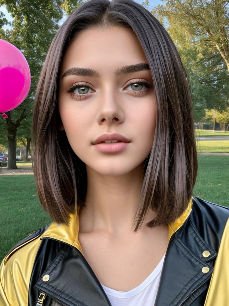 Beautiful 18-year-old girl, named Sofia, beautiful golden eyes, large detailed eyes, MID-HEIGHT bob long haircut, pink lips, sexy, detailed face, black jacket, in the background a park and a Russian roulette with balloons.