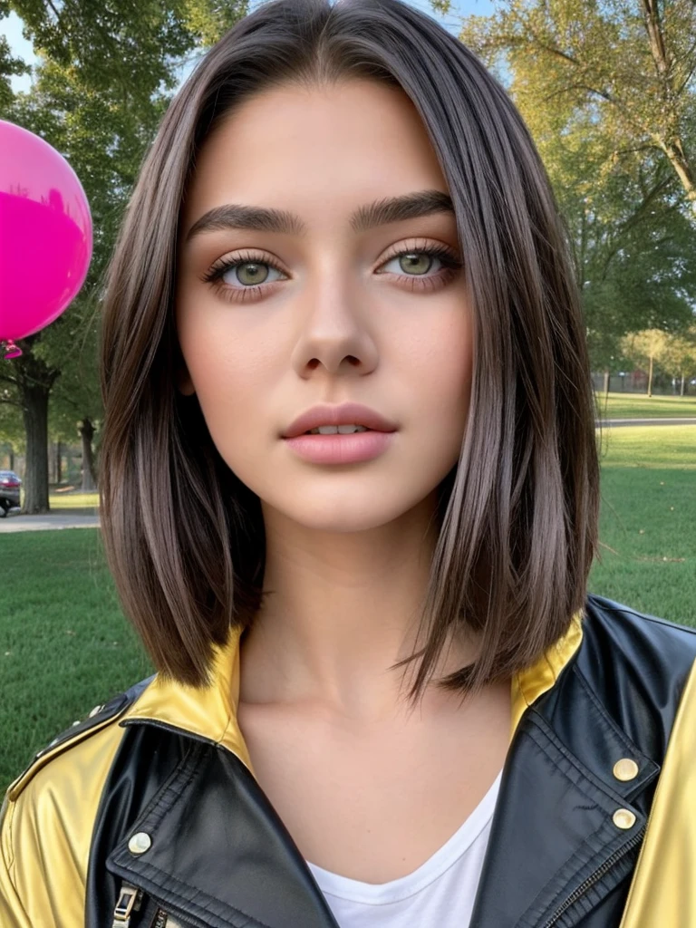 Beautiful 18-year-old girl, named Sofia, beautiful golden eyes, large detailed eyes, MID-HEIGHT bob long haircut, pink lips, sexy, detailed face, black jacket, in the background a park and a Russian roulette with balloons.