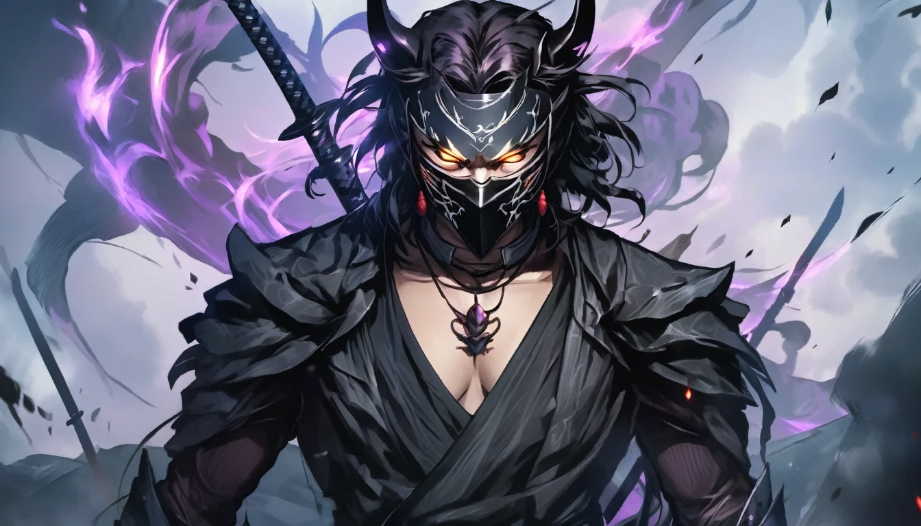 ninja mask, cape,close up, black heavy detailed clothes, katana, art, dark and malevolent, hand sword, armor, powerful and intimidating, (masterpiece, best quality, ultra-detailed, best shadow), (detailed background, dark fantasy) dramatic light, intricate details, dark and malevolent, powerful and intimidating, Dark and foreboding, malevolent force, sinister and chilling, armor, high detailed background, girl in demon slayer art, demon slayer art style, epic anime art, God death
