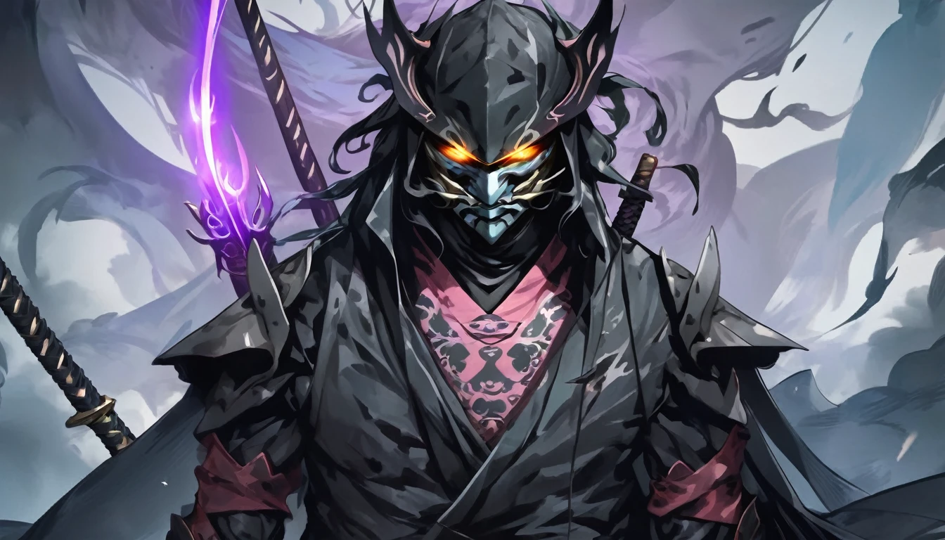 ninja mask, cape,close up, black heavy detailed clothes, katana, art, dark and malevolent, hand sword, armor, powerful and intimidating, (masterpiece, best quality, ultra-detailed, best shadow), (detailed background, dark fantasy) dramatic light, intricate details, dark and malevolent, powerful and intimidating, Dark and foreboding, malevolent force, sinister and chilling, armor, high detailed background, girl in demon slayer art, demon slayer art style, epic anime art, God death