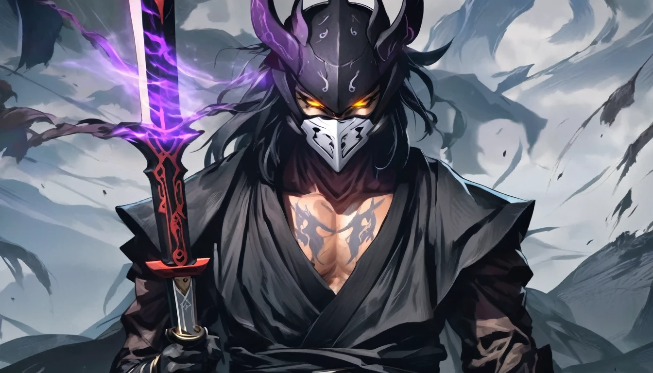 ninja mask, cape,close up, black heavy detailed clothes, katana, art, dark and malevolent, hand sword, armor, powerful and intimidating, (masterpiece, best quality, ultra-detailed, best shadow), (detailed background, dark fantasy) dramatic light, intricate details, dark and malevolent, powerful and intimidating, Dark and foreboding, malevolent force, sinister and chilling, armor, high detailed background, girl in demon slayer art, demon slayer art style, epic anime art, God death